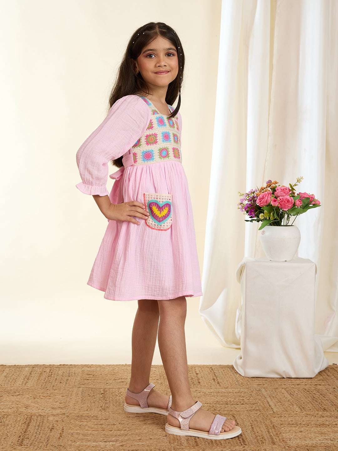 TINY TWILLS Girls Cotton Frock – Cream Dress with Colorful Crochet Bodice & Patch Pockets | Handcrafted Boho Style Ethnic Wear for Kids