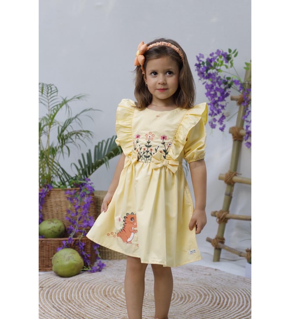 Floral Embroidered Frock With Dino Embroidery On Flare - Yellow & Green