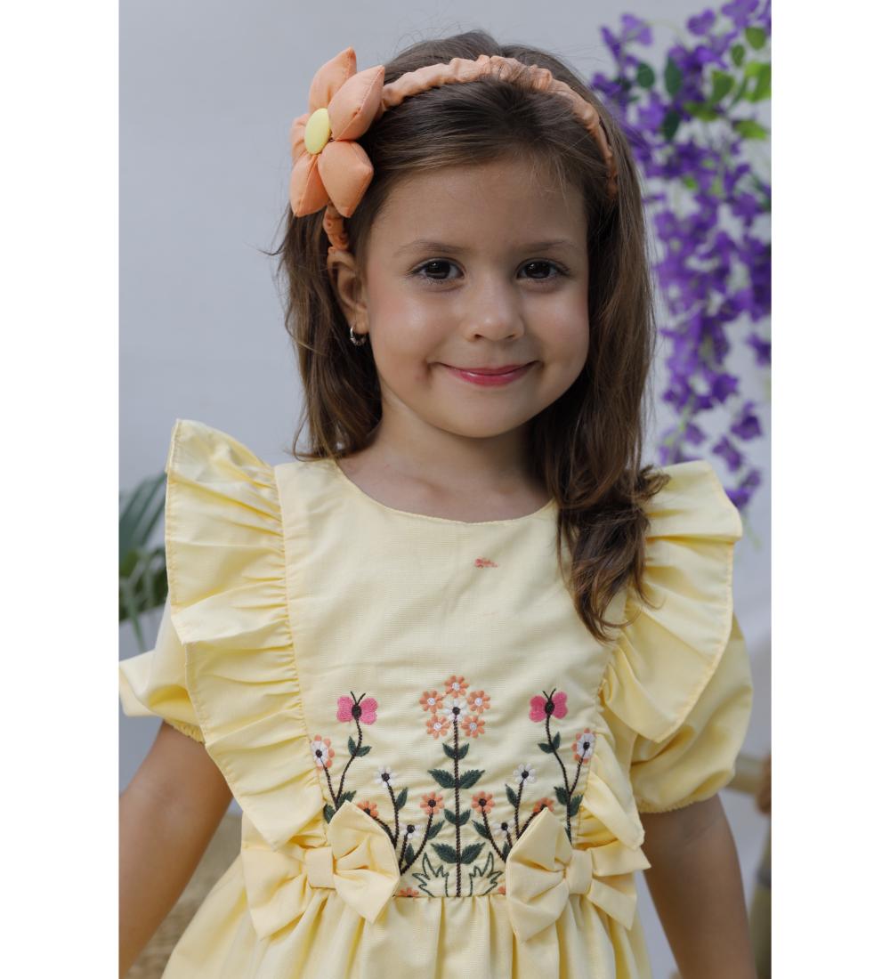 Floral Embroidered Frock With Dino Embroidery On Flare - Yellow & Green