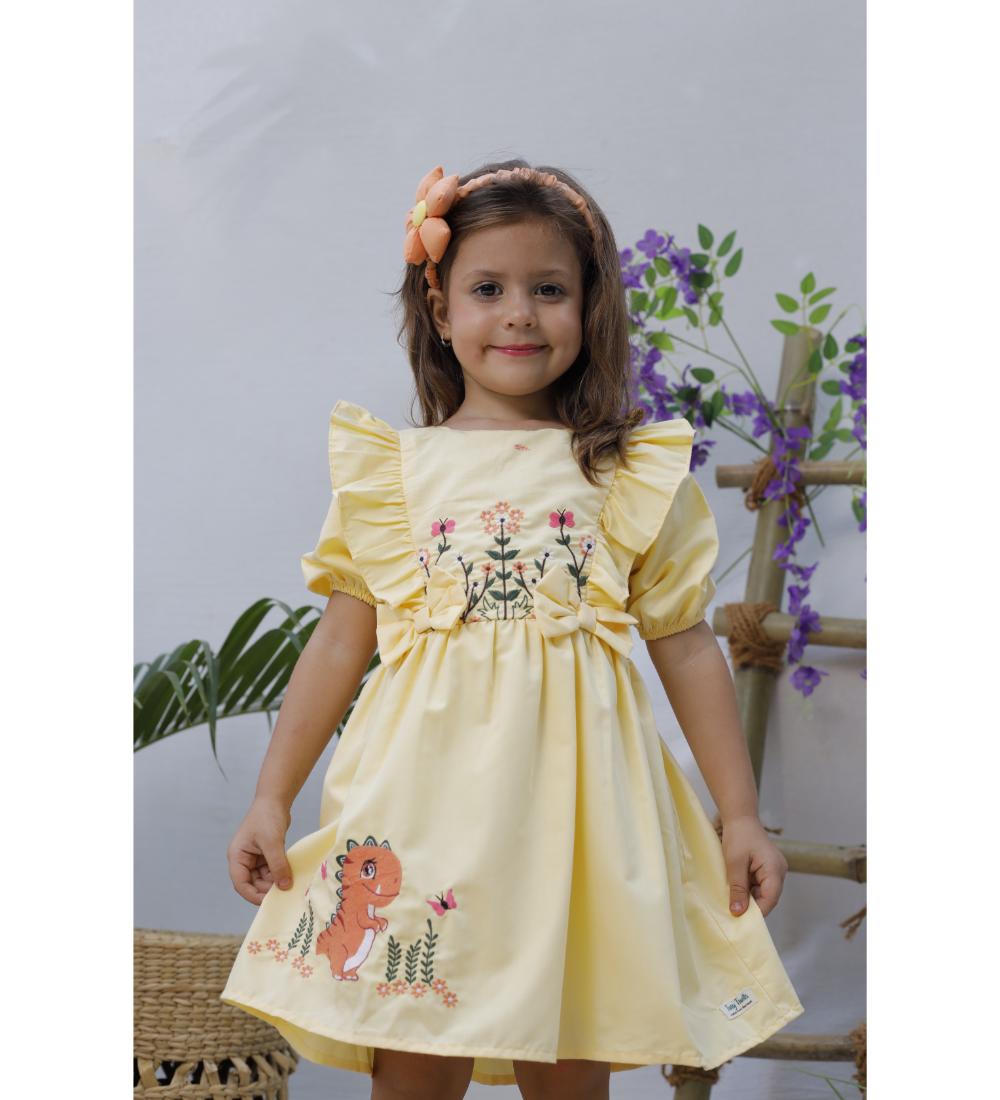 Floral Embroidered Frock With Dino Embroidery On Flare - Yellow & Green
