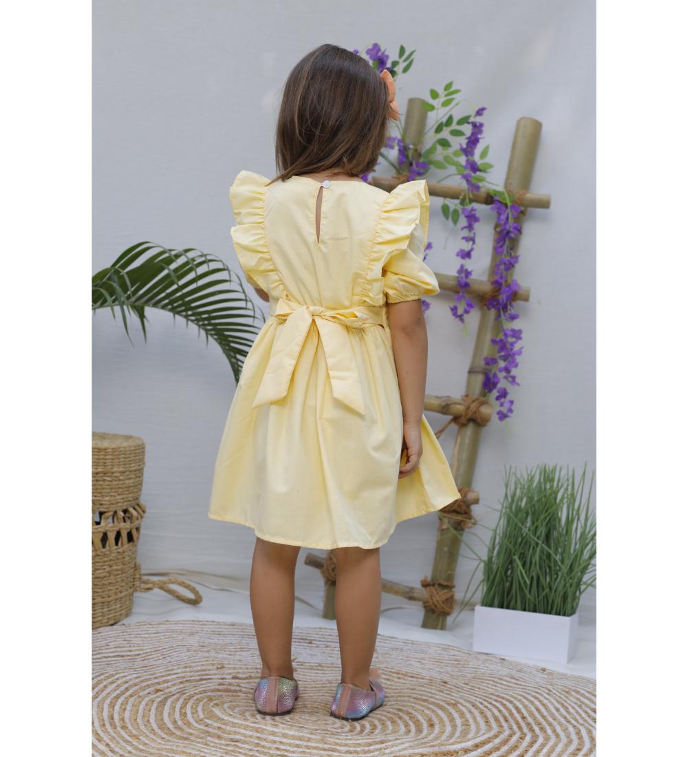 Floral Embroidered Frock With Dino Embroidery On Flare - Yellow & Green