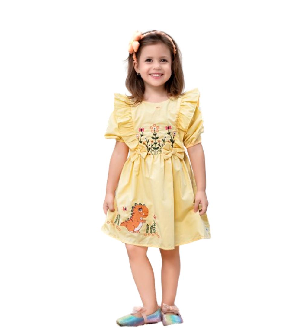 Floral Embroidered Frock With Dino Embroidery On Flare - Yellow & Green