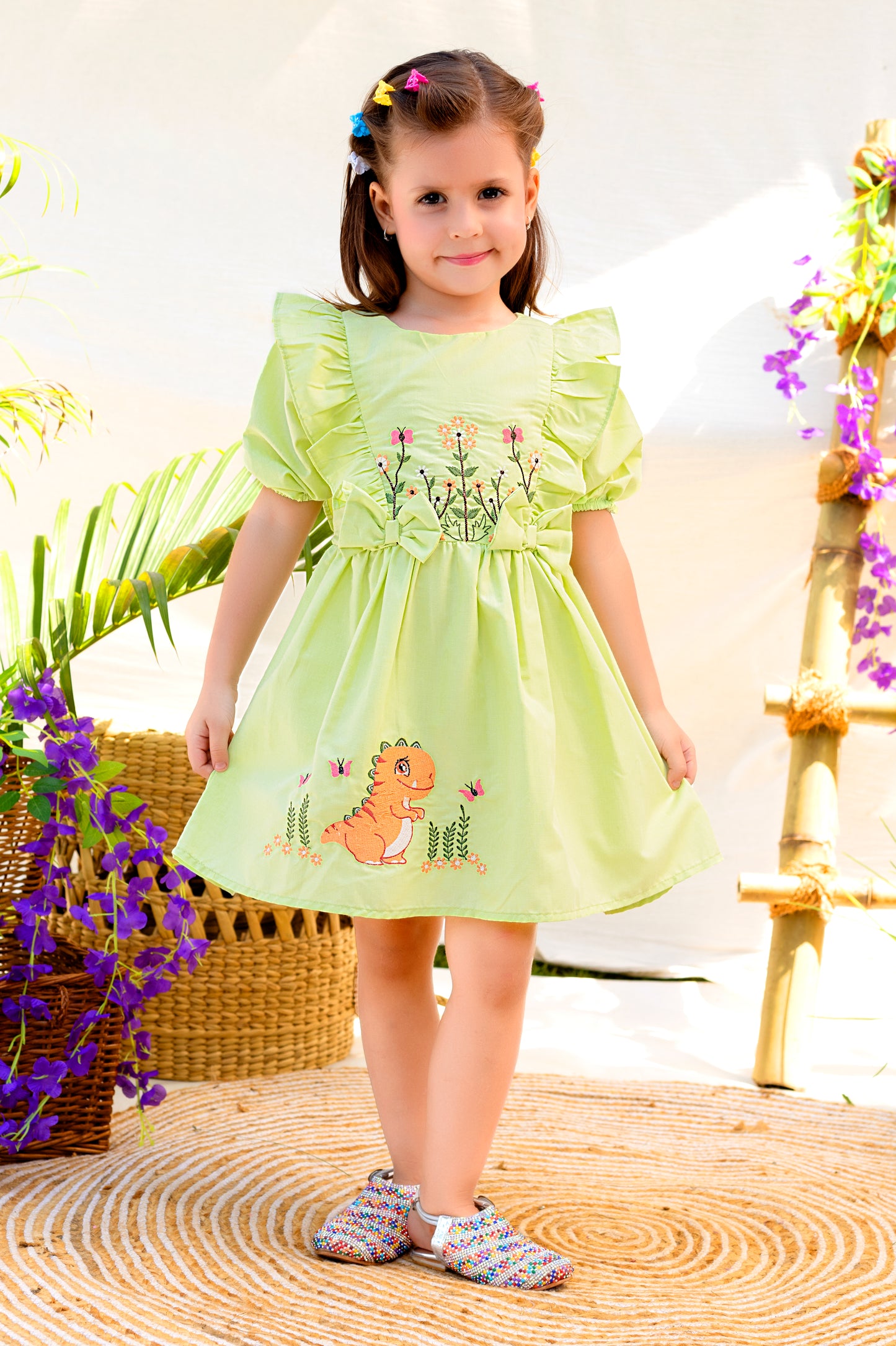 Floral Embroidered Frock With Dino Embroidery On Flare - Yellow & Green