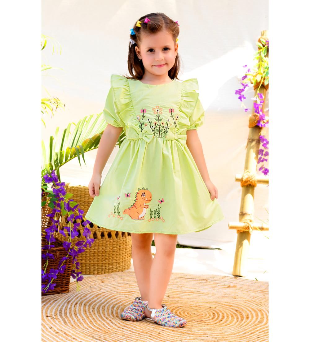 Floral Embroidered Frock With Dino Embroidery On Flare - Yellow & Green