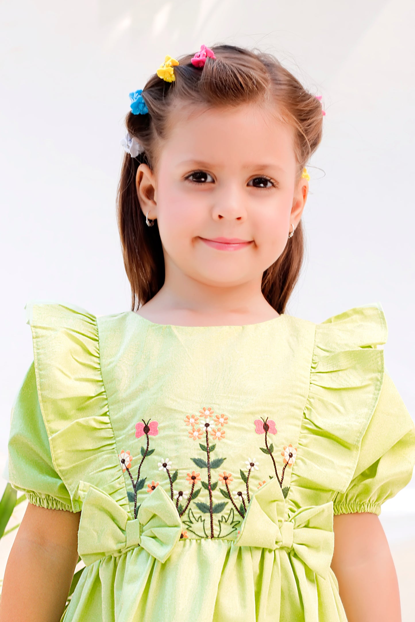 Floral Embroidered Frock With Dino Embroidery On Flare - Yellow & Green