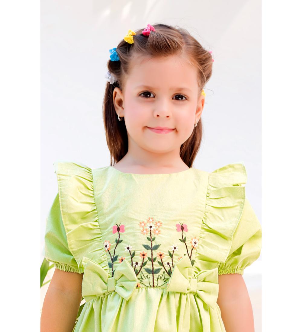 Floral Embroidered Frock With Dino Embroidery On Flare - Yellow & Green