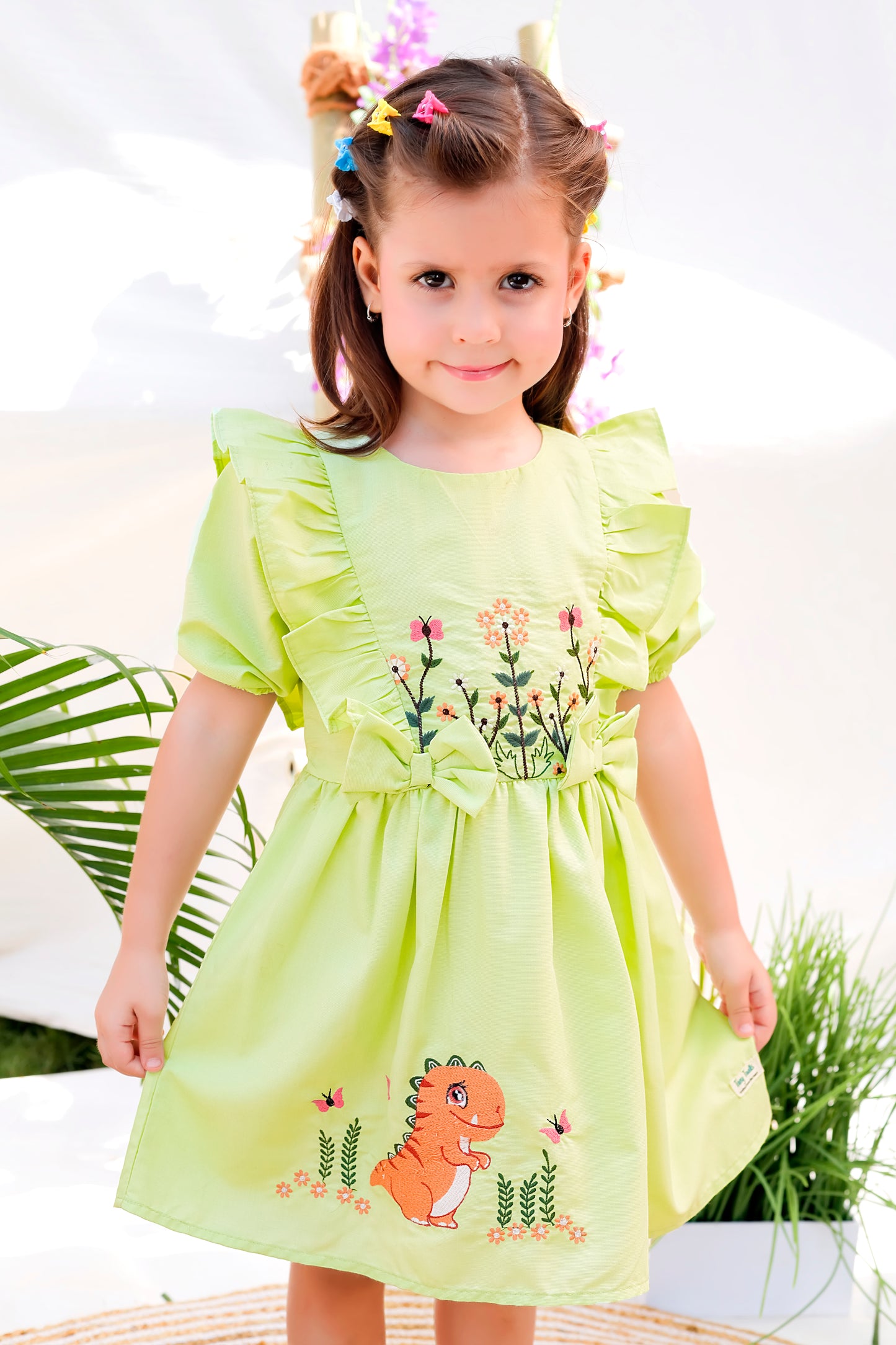Floral Embroidered Frock With Dino Embroidery On Flare - Yellow & Green