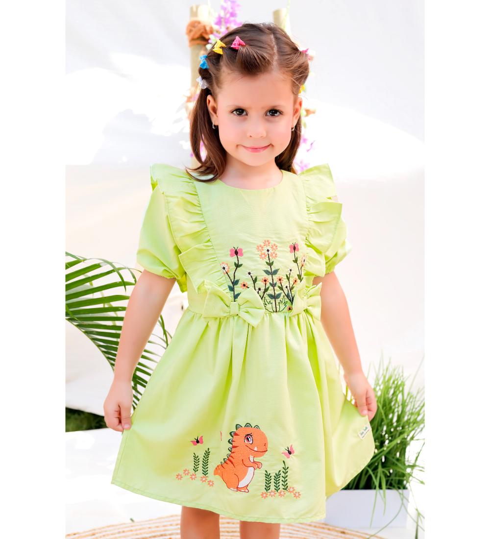 Floral Embroidered Frock With Dino Embroidery On Flare - Yellow & Green