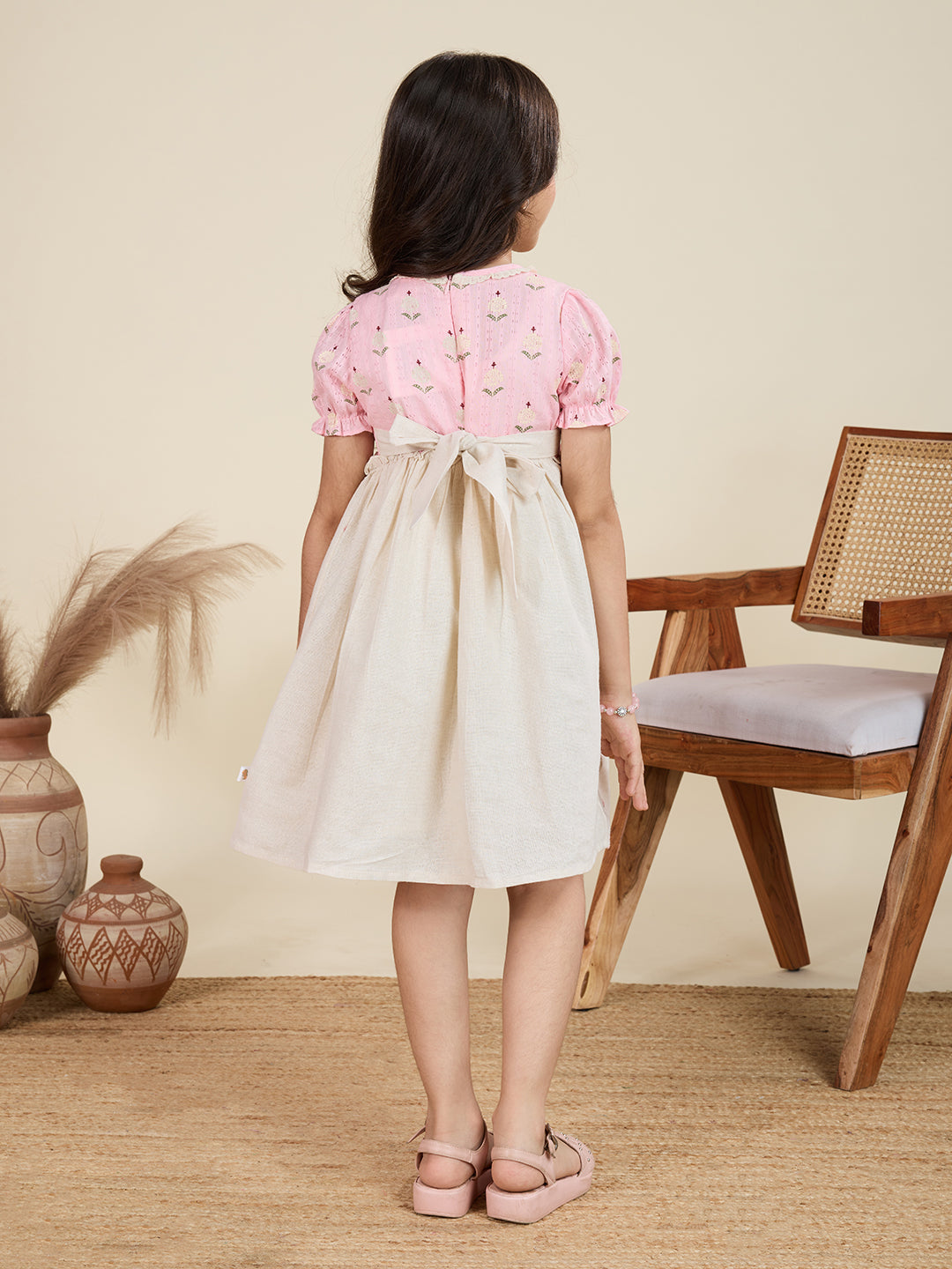 TINY TWILLS Girls Cotton Frock – Embroidered Puff Sleeve Dress in Pink with Contrast Skirt | Stylish Ethnic Wear for Kids
