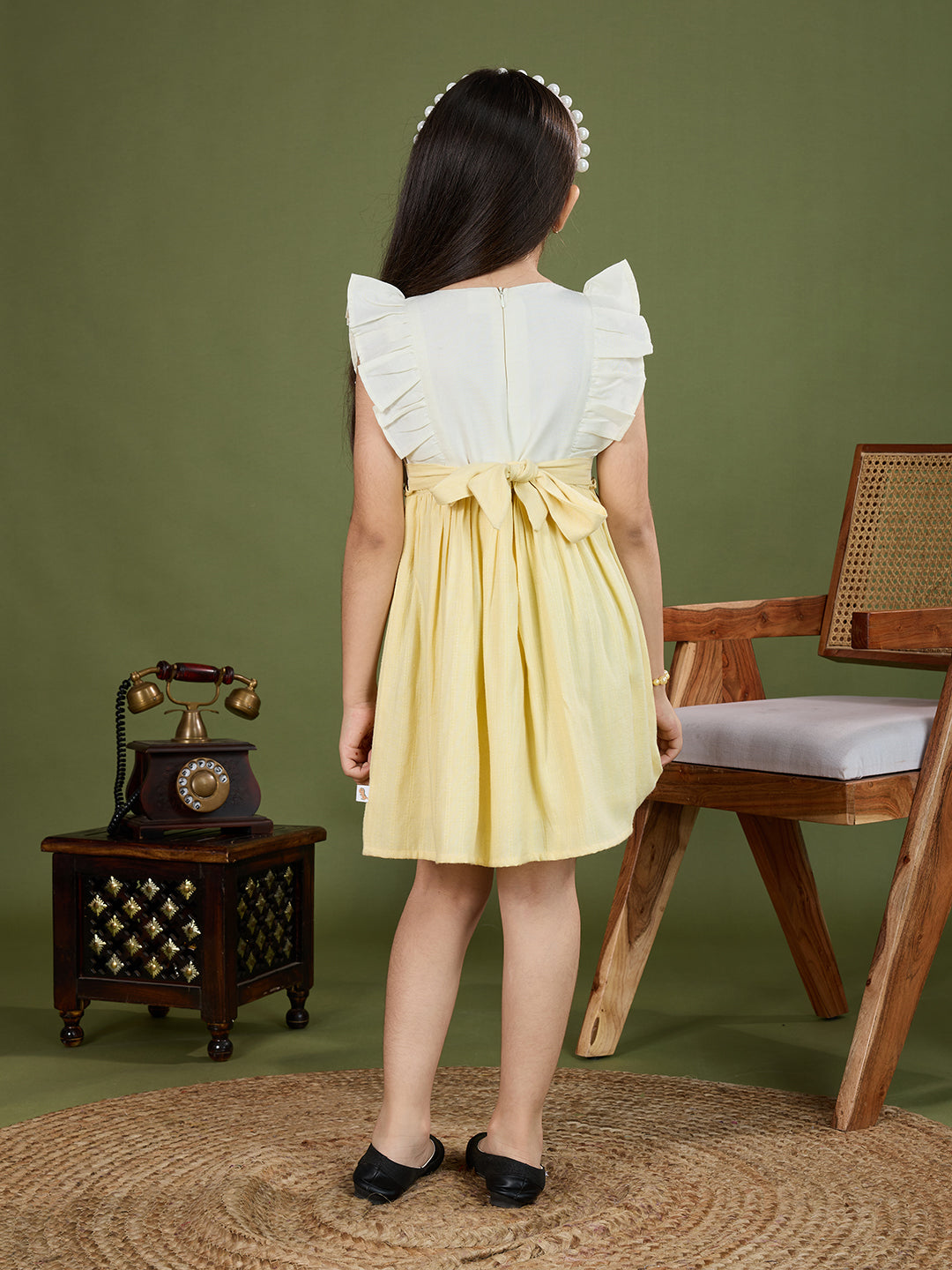 TINY TWILLS Girls' Summer Dress – Light Cotton Frock with Dinosaur Print | Frill Sleeve Dress for Girls
