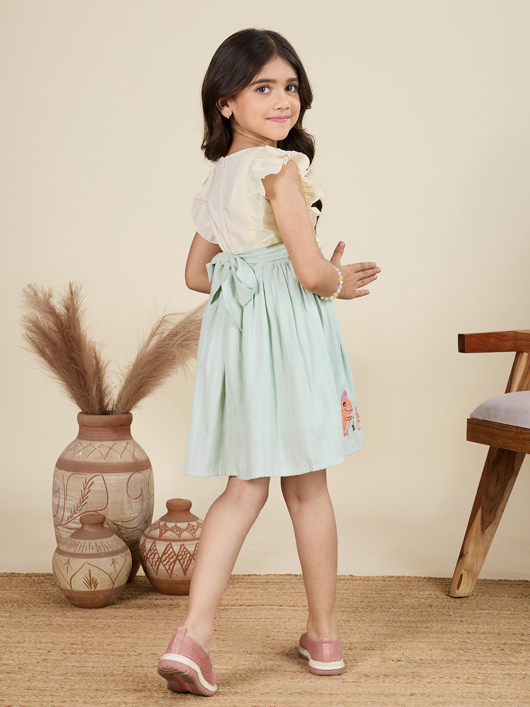TINY TWILLS Girls' Summer Dress – Light Cotton Frock with Dinosaur Print | Frill Sleeve Dress for Girls