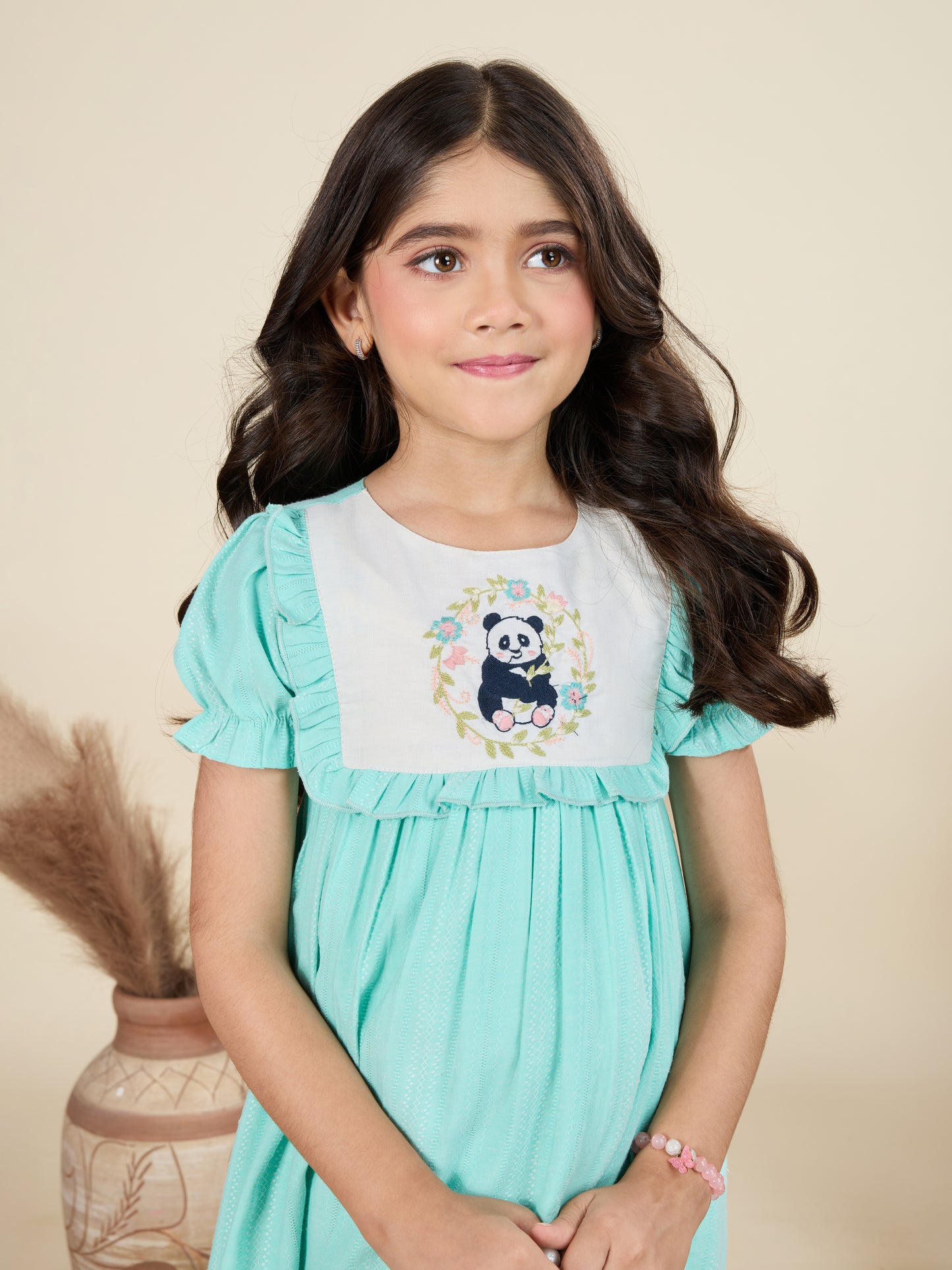 TINY TWILLS Girls' Mint Green Dress – Cute Panda Print Cotton Frock with Puff Sleeves & Lace Hem | Summer Wear for Girls