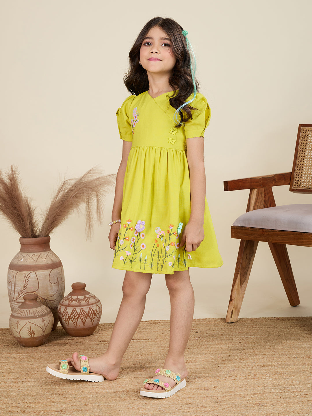 TINY TWILLS Girls' Smocked Frock with Puff Sleeves & Floral Embroidery – Festive Party Dress