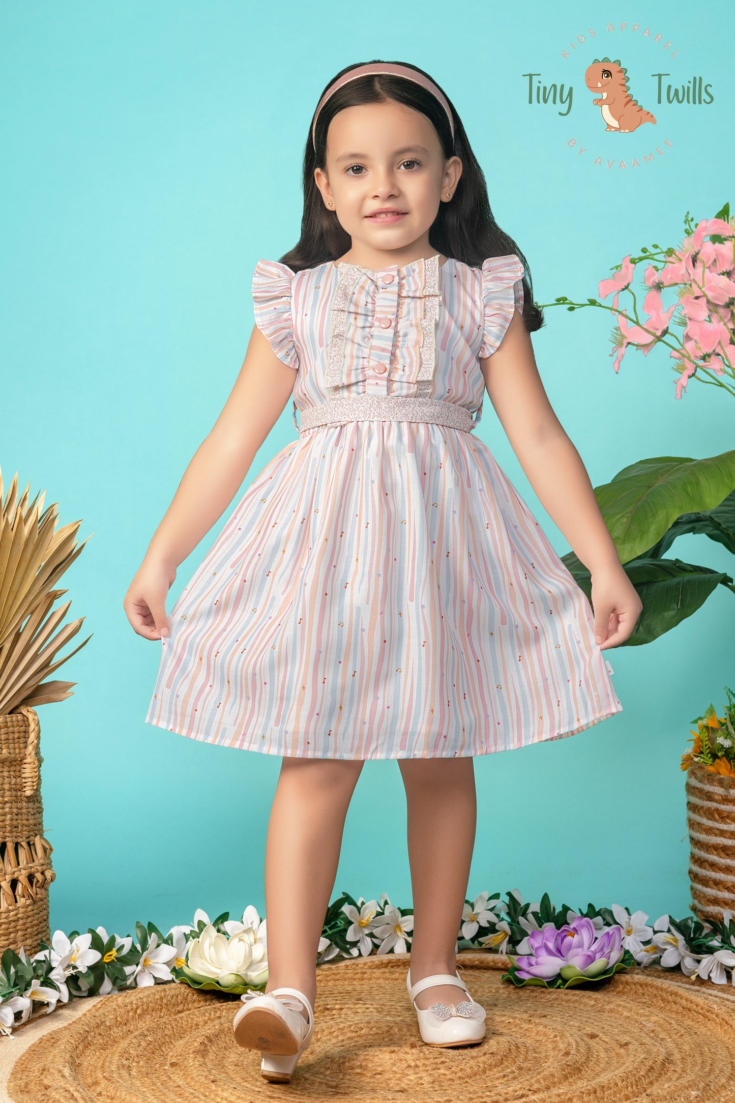 TINY TWILLS Girls' Striped Frock with Smocked Waist and Ruffle Front – Casual Cotton Dress