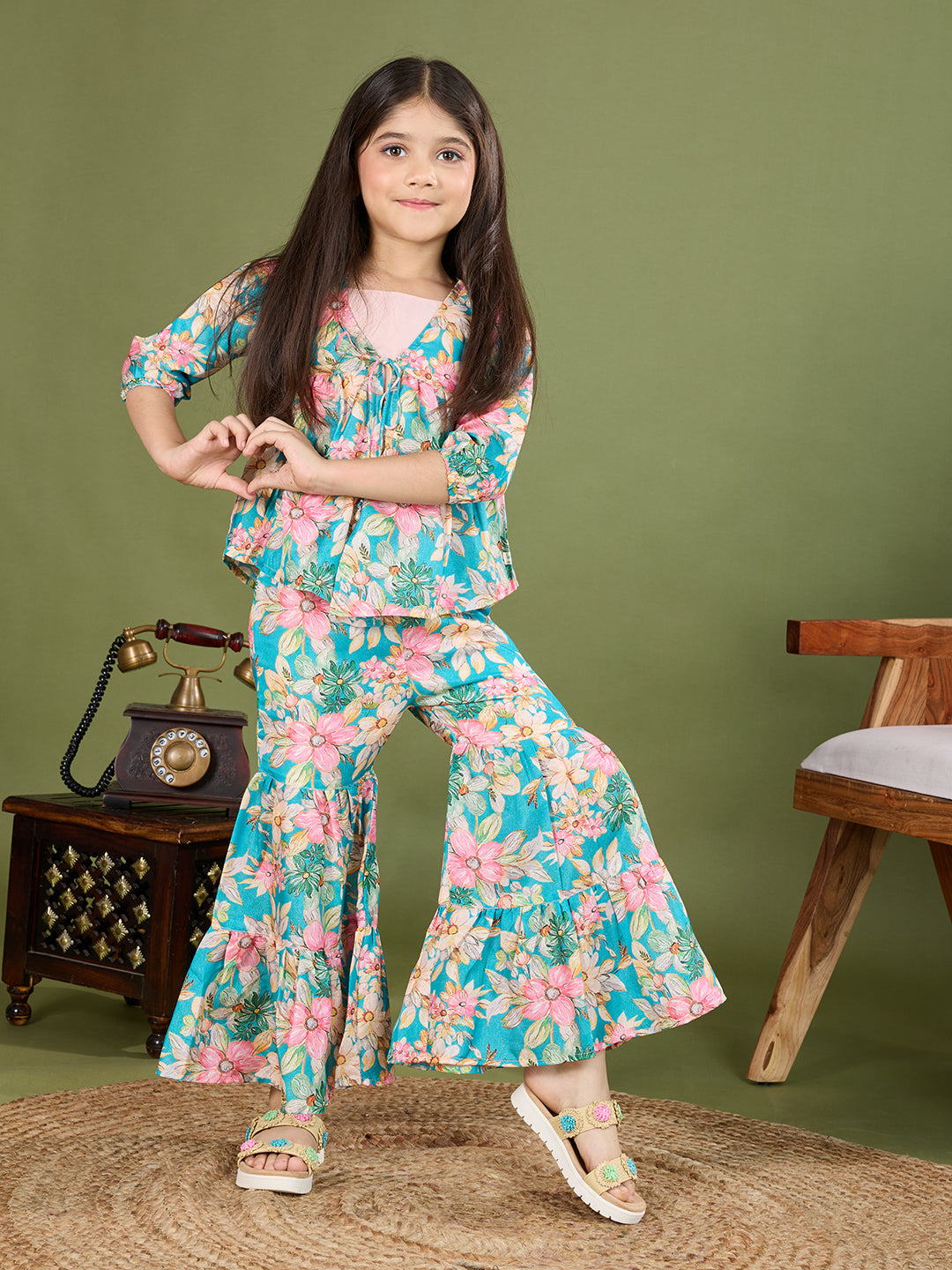 Tiny Twills Girls' Tropical Floral Printed Co-Ord Set – Flared Pants & Shrug with Inner Top