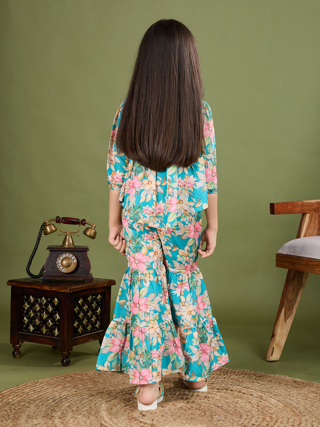 Tiny Twills Girls' Tropical Floral Printed Co-Ord Set – Flared Pants & Shrug with Inner Top