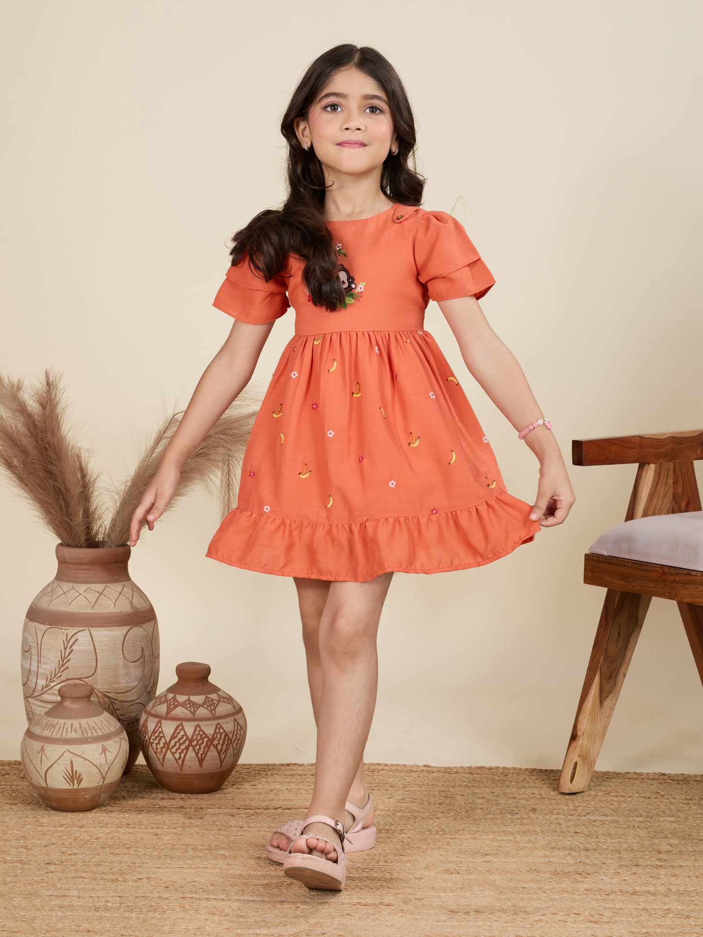 TINY TWILLS "Girls Cotton Embroidered Frock with Cartoon Motif – Casual Summer Dress"