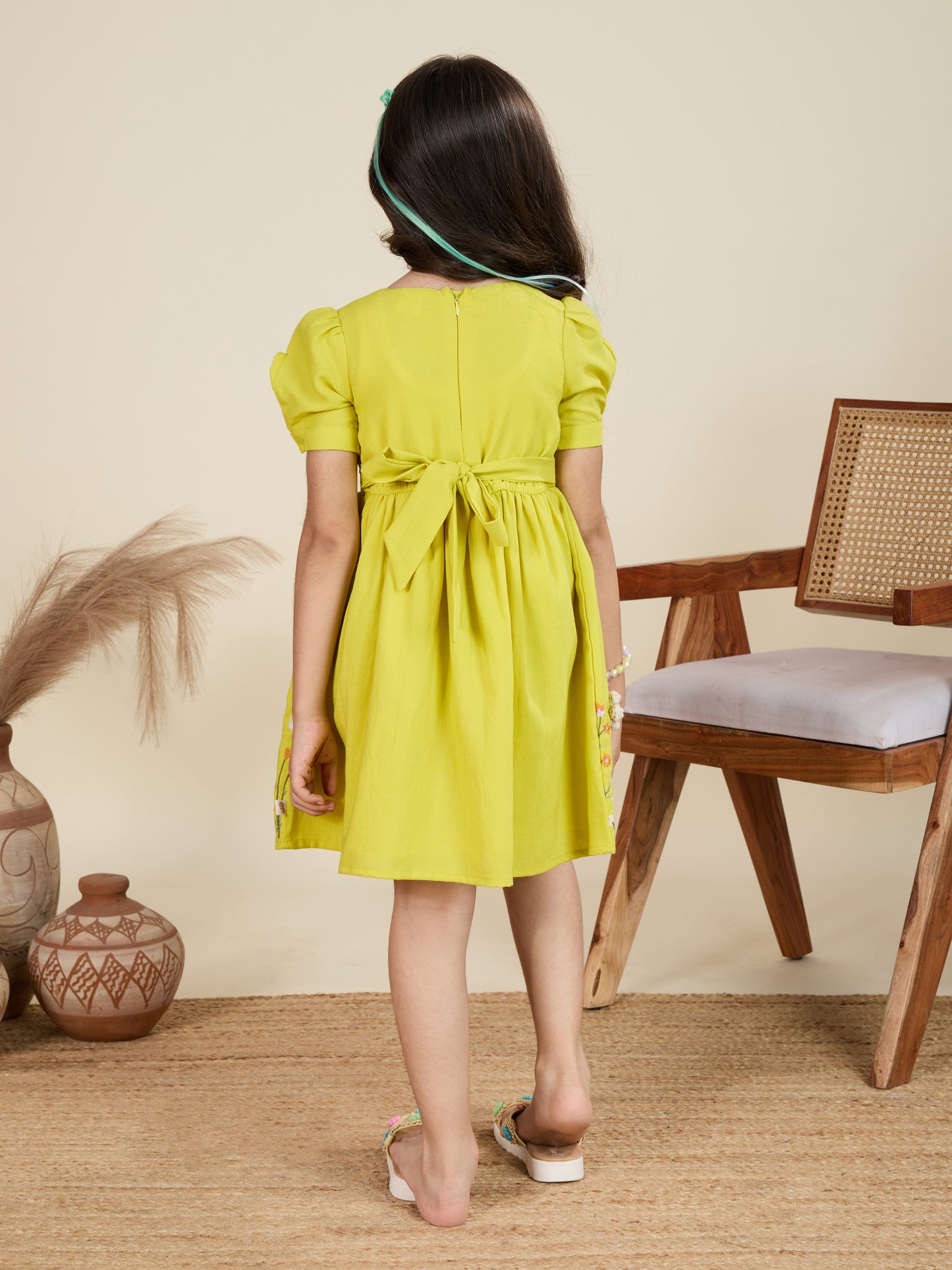 TINY TWILLS Girls Embroidered Dress – Puff Sleeve Frock with Floral Hem Design | Elegant Festive & Party Wear