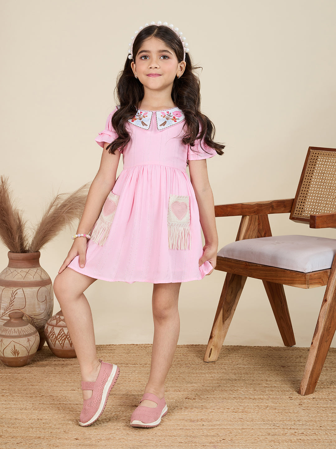 TINY TWILLS Girls Cotton Dress – Embroidered Collar with Ruffle Sleeves & Heart Patch Pockets | Cute Casual Wear