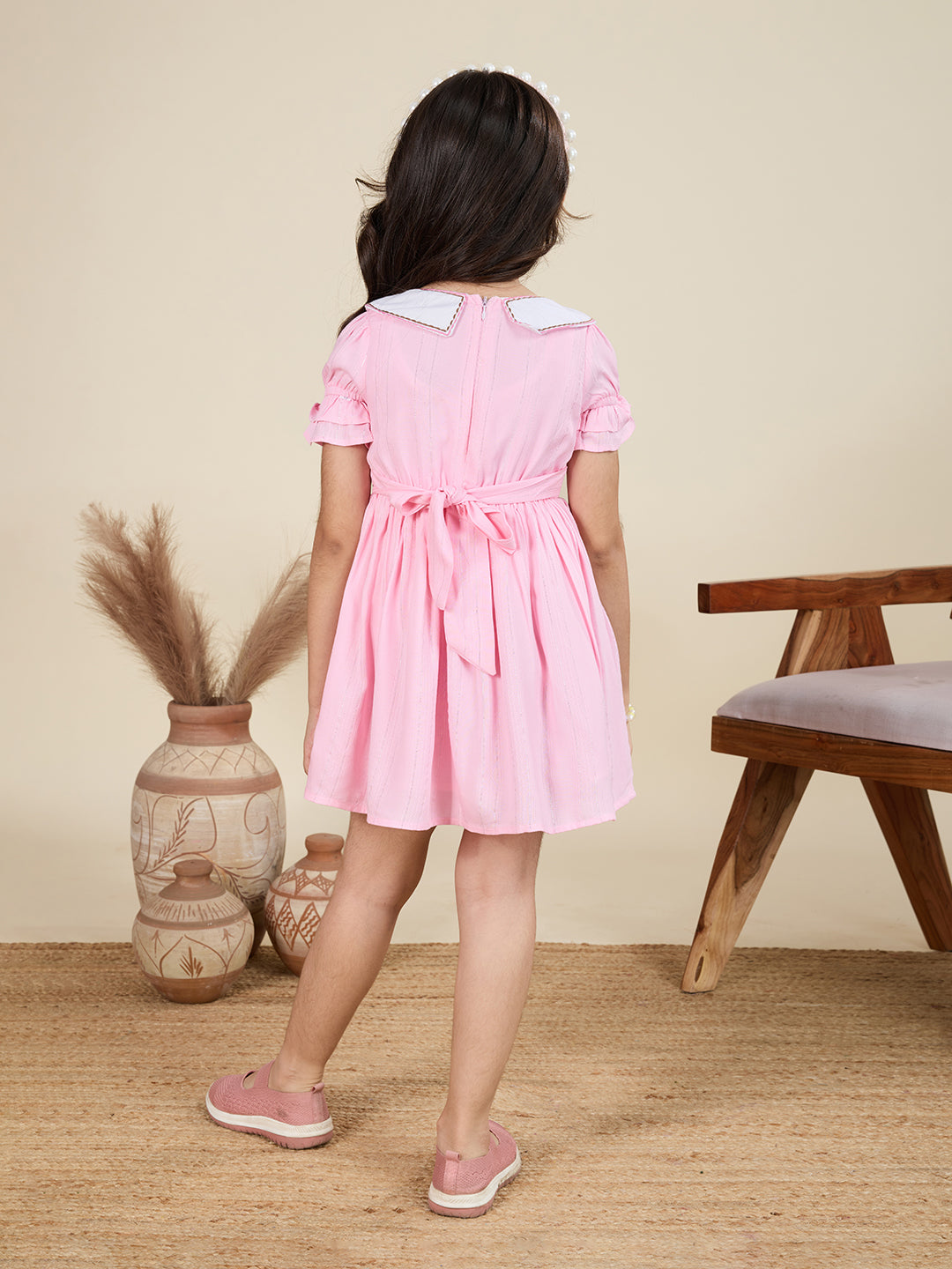 TINY TWILLS Girls Cotton Dress – Embroidered Collar with Ruffle Sleeves & Heart Patch Pockets | Cute Casual Wear