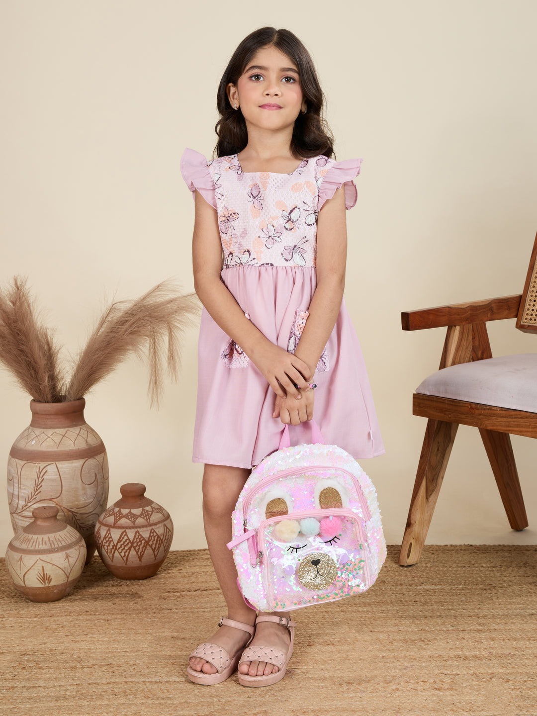 TINY TWILLS Girls Cotton Dress – Sleeveless Frock with Butterfly Embroidered Yoke & Patch Pockets | Cute Summer Wear