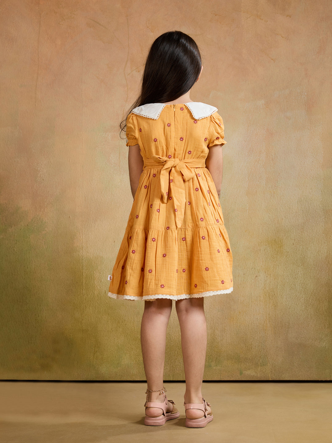 TINY TWILLS Girls Cotton Dress – Embroidered Peter Pan Collar with Tiered Skirt & Ruffle Sleeves | Elegant Casual Wear
