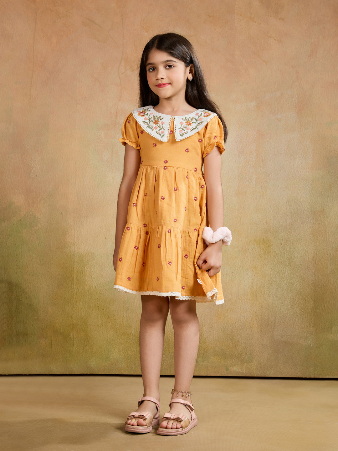 TINY TWILLS Girls Cotton Dress – Embroidered Peter Pan Collar with Tiered Skirt & Ruffle Sleeves | Elegant Casual Wear