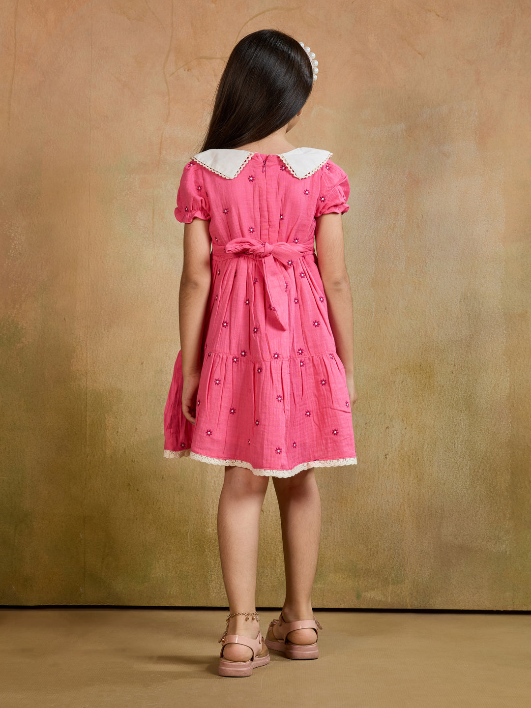 TINY TWILLS Girls Cotton Dress – Embroidered Peter Pan Collar with Tiered Skirt & Ruffle Sleeves | Elegant Casual Wear