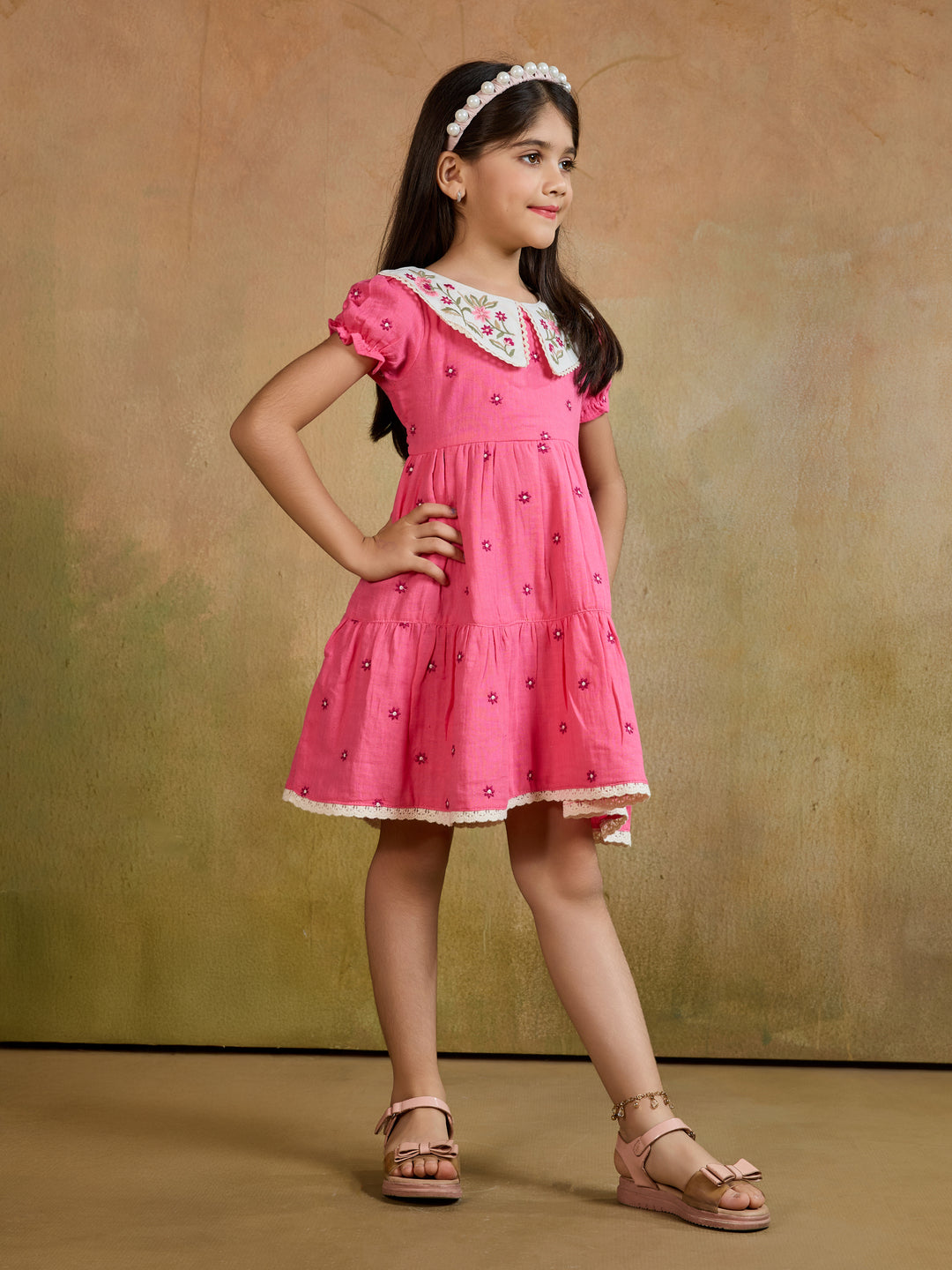TINY TWILLS Girls Cotton Dress – Embroidered Peter Pan Collar with Tiered Skirt & Ruffle Sleeves | Elegant Casual Wear
