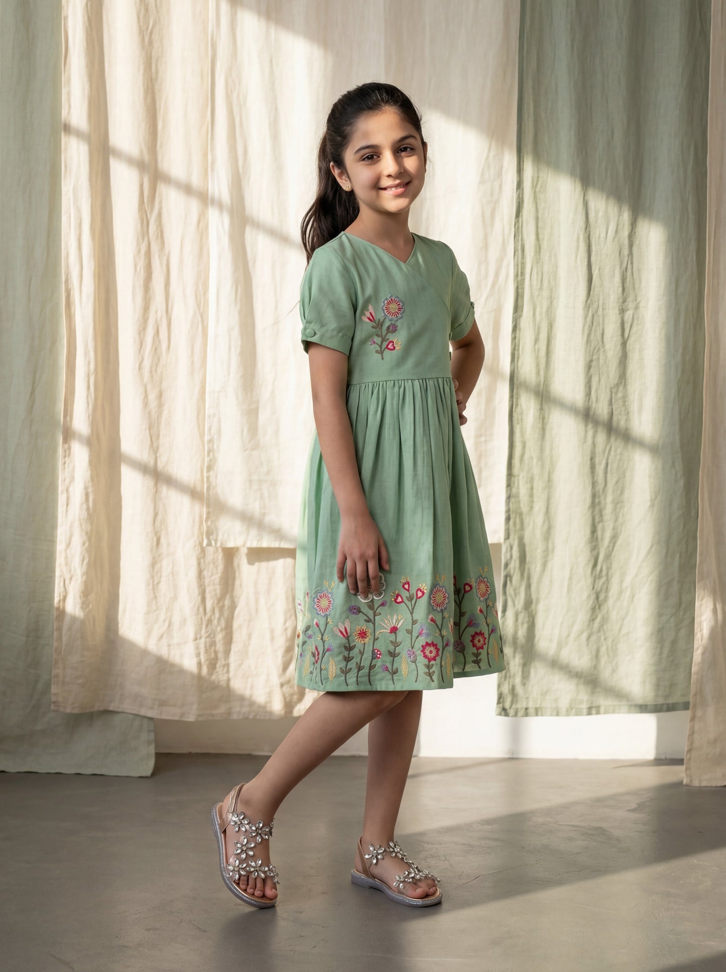 Elegant Sage Green Angrakha Dress with Delicate Floral Embroidery & Appliqué Butterfly Detail