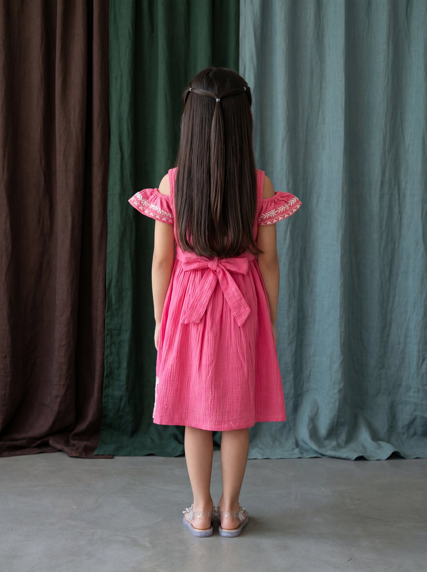 Girls Cold Shoulder Floral & Parrot Embroidered Vibrant Flared Dress