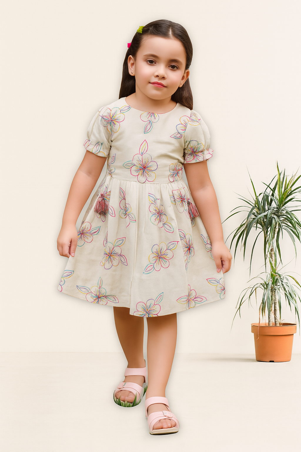 TINY TWILLS Girls Cotton Frock – Dress with Colorful Floral Thread & Tassel Tie-Up | Festive & Party Wear for Kids