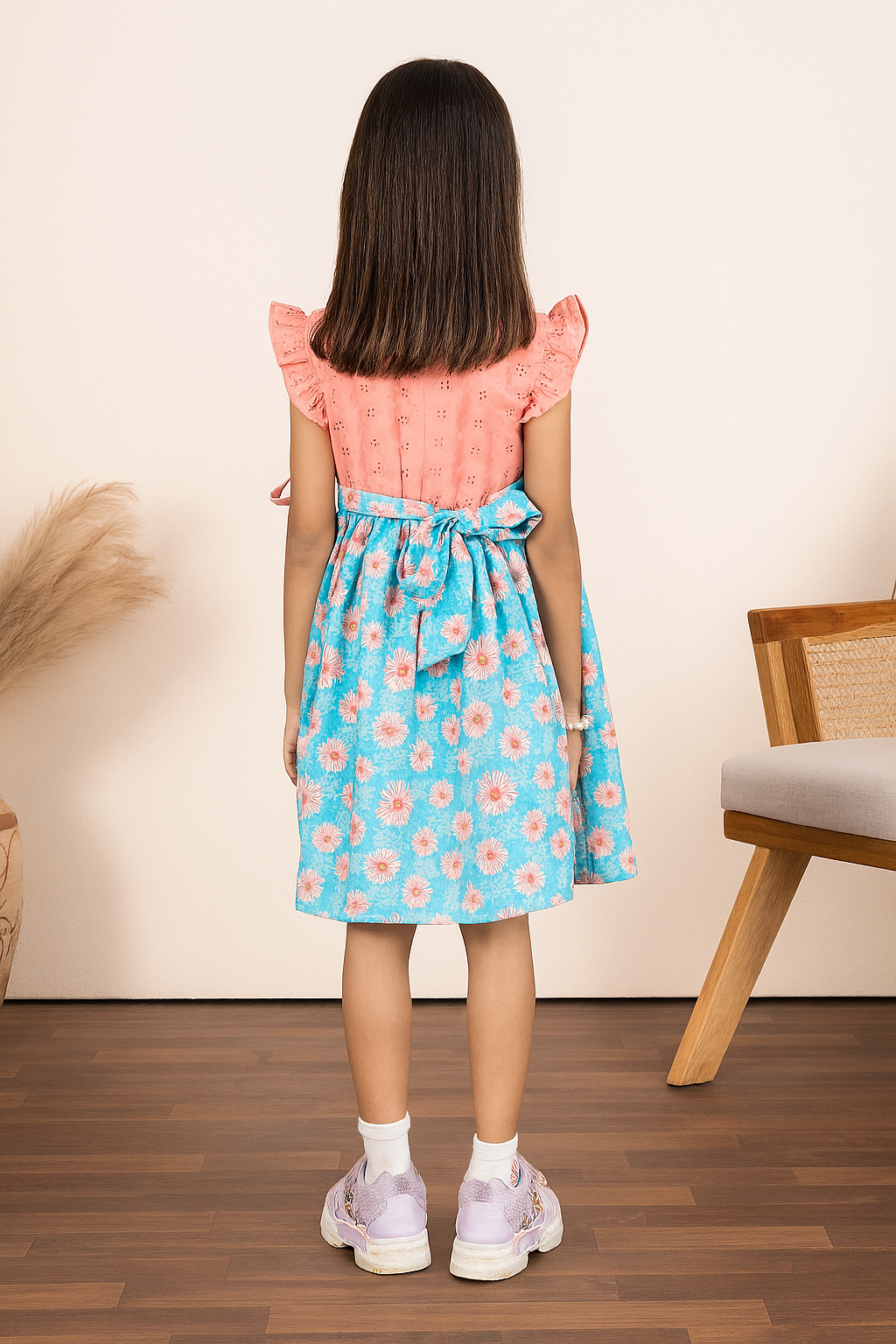TINY TWILLS Girls Floral Wrap Dress – Peach Embroidered Bodice with Blue Daisy Print Skirt