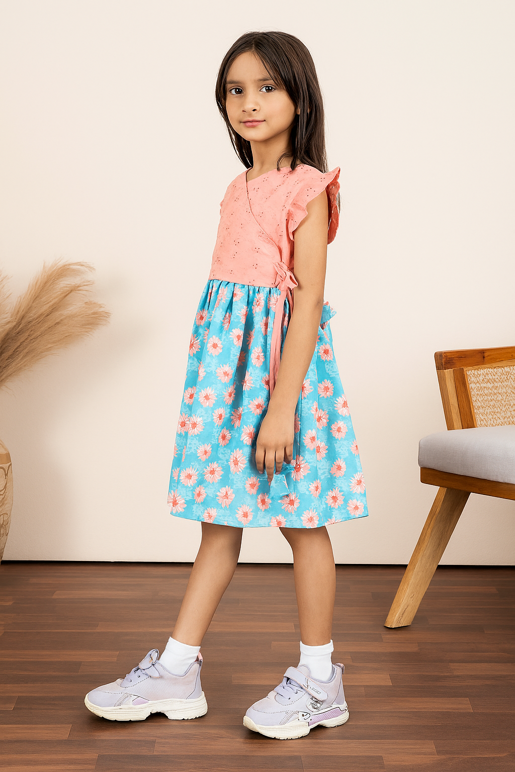 TINY TWILLS Girls Floral Wrap Dress – Peach Embroidered Bodice with Blue Daisy Print Skirt