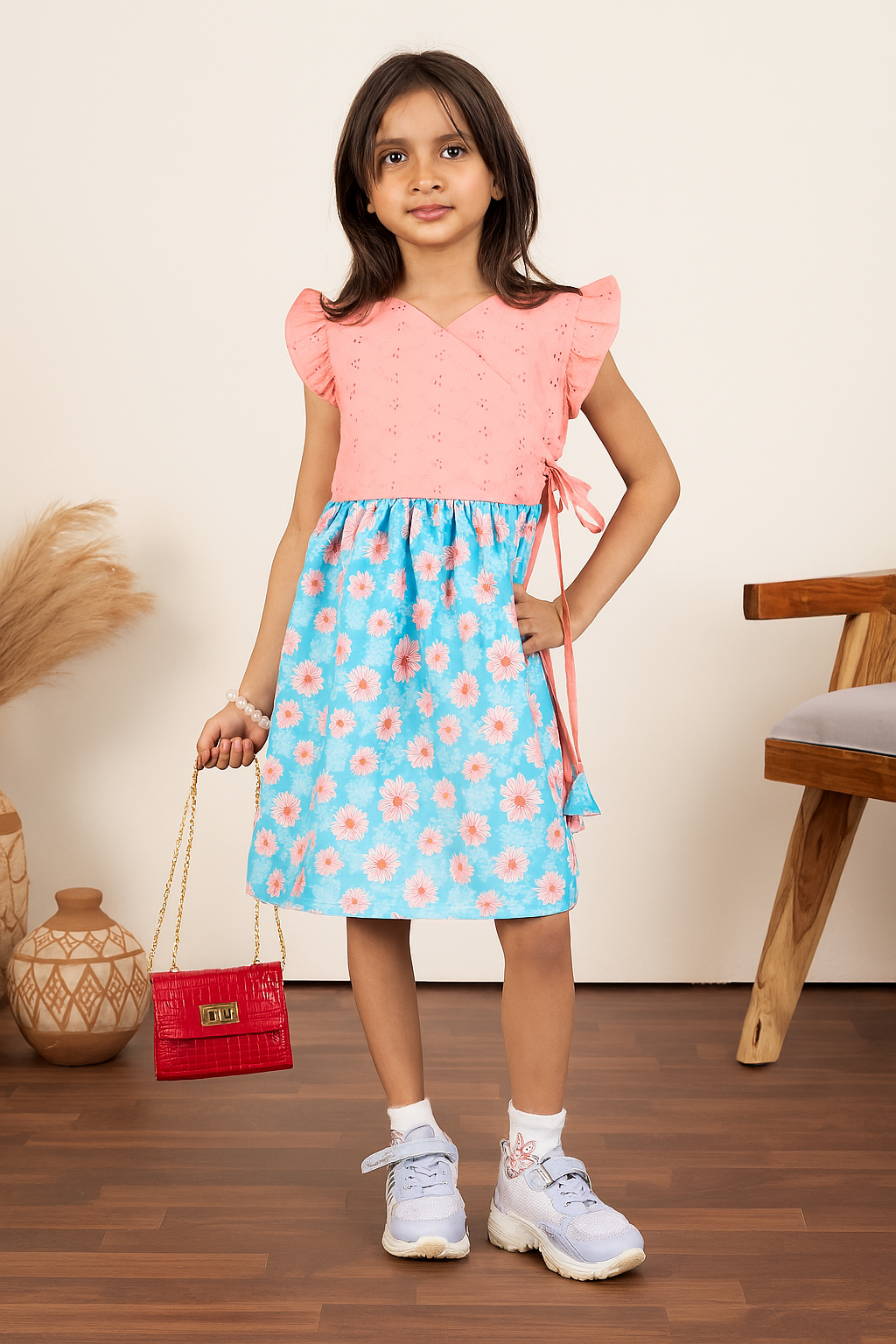 TINY TWILLS Girls Floral Wrap Dress – Peach Embroidered Bodice with Blue Daisy Print Skirt