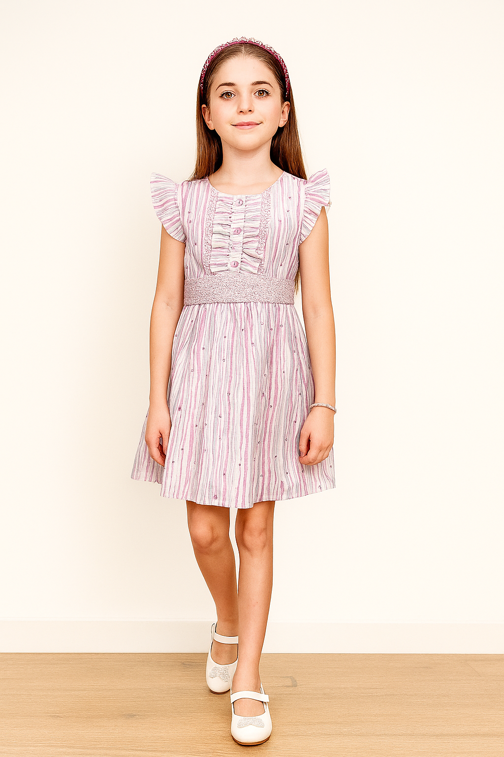 TINY TWILLS Girls' Striped Frock with Smocked Waist and Ruffle Front – Casual Cotton Dress