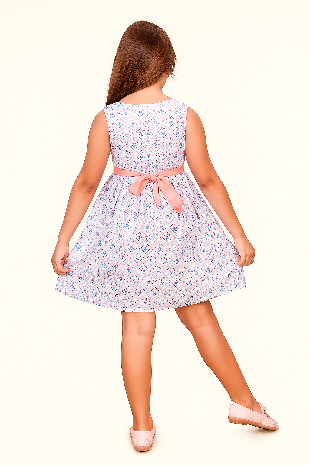 TINY TWILLS Sleeveless Fit & Flare Girls Dress – Ethnic Print with Bow Belt | Summer Cotton Dress