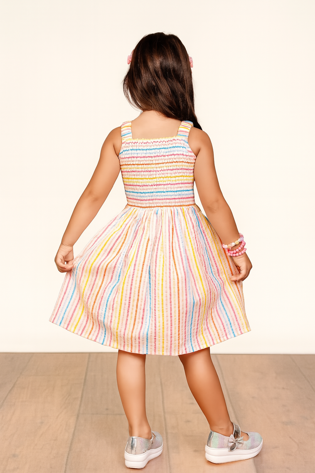 TINY TWILLS Girls’ Striped Cotton Frock – Sleeveless Multicolor Smocked Dress with Heart Pockets | Summer Wear