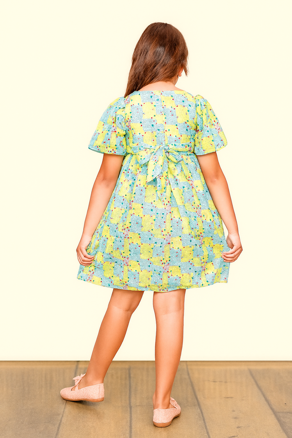 TINY TWILLS Girls' Patchwork Print Cotton Dress with Side Bows – Multicolor Casual Frock