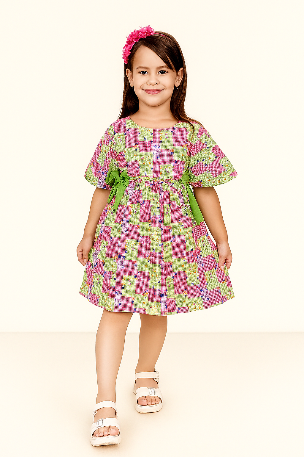TINY TWILLS Girls' Patchwork Print Cotton Dress with Side Bows – Multicolor Casual Frock