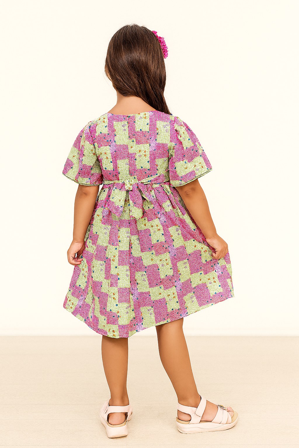 TINY TWILLS Girls' Patchwork Print Cotton Dress with Side Bows – Multicolor Casual Frock