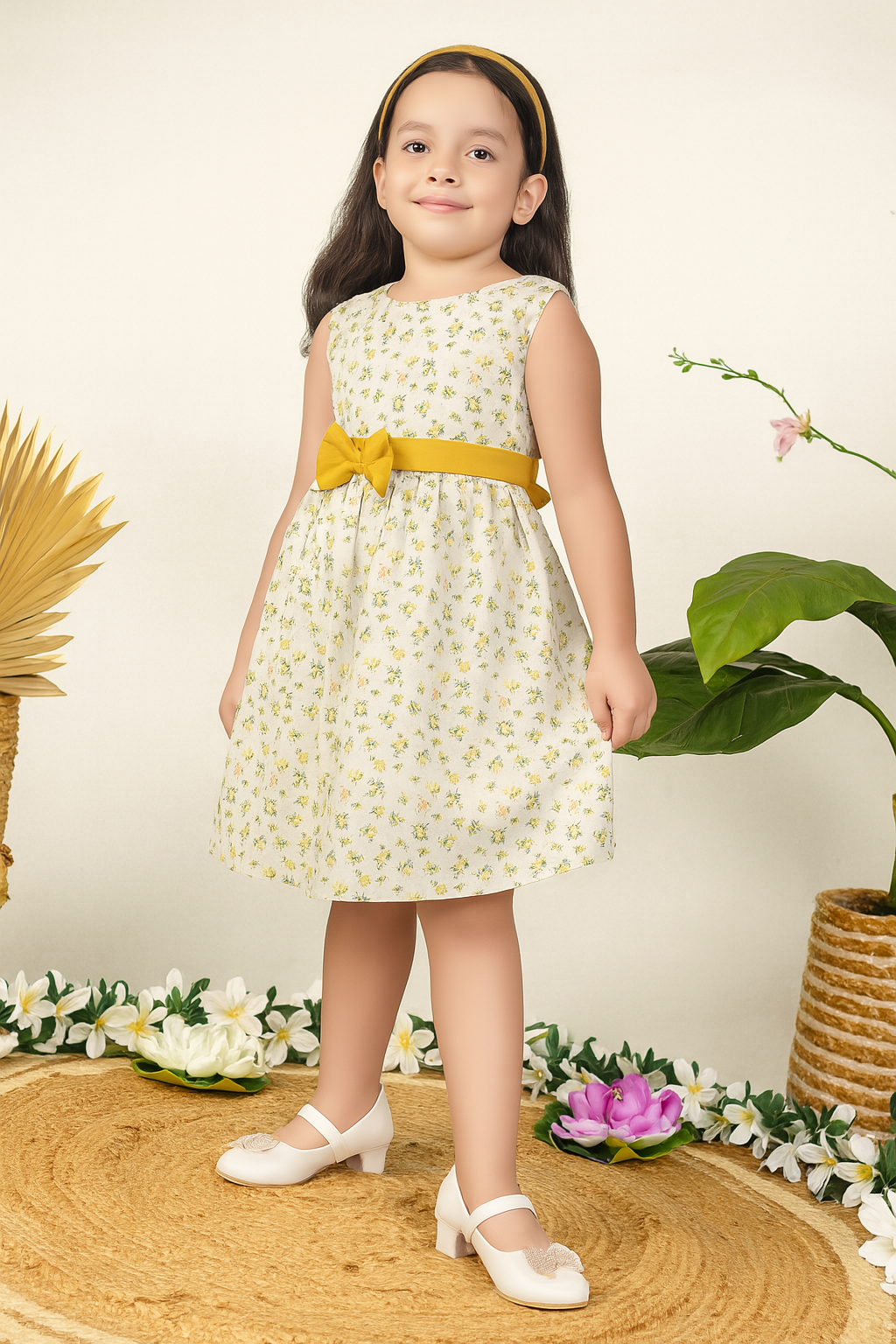 TINY TWILLS Girls Floral Cotton Frock – Sleeveless White Dress with Yellow Bow Belt | Elegant Summer Party Wear