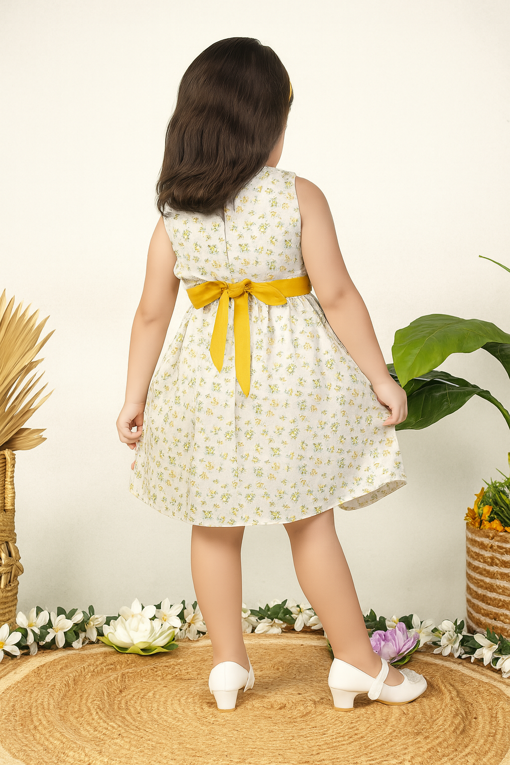 TINY TWILLS Girls Floral Cotton Frock – Sleeveless White Dress with Yellow Bow Belt | Elegant Summer Party Wear