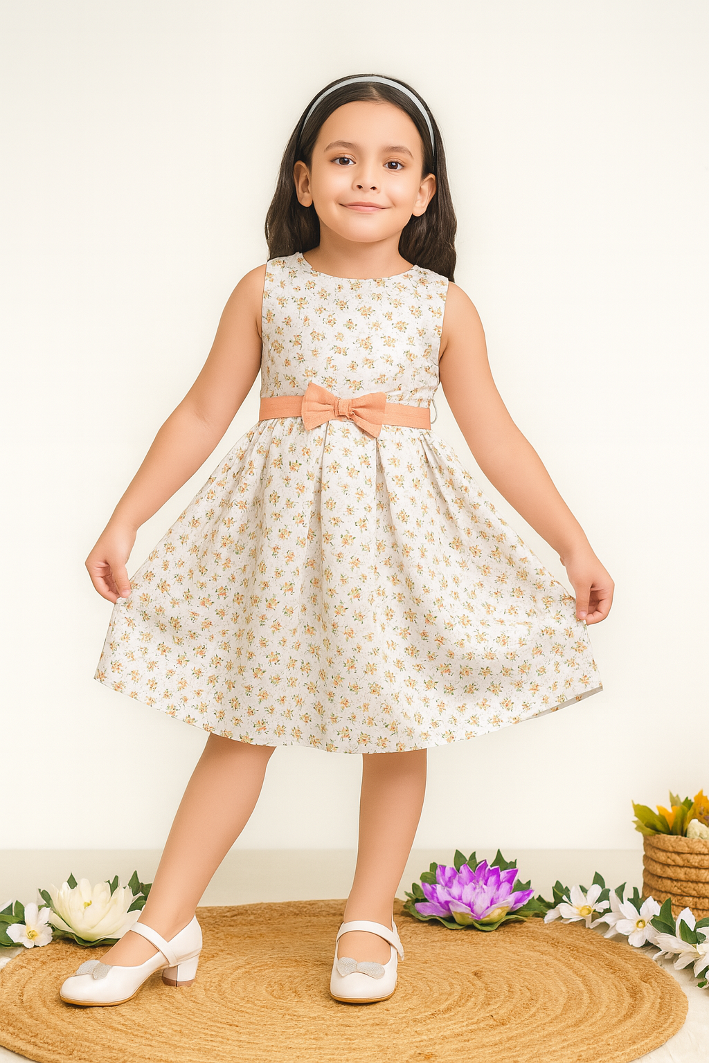 TINY TWILLS Girls Floral Cotton Frock – Sleeveless White Dress with Yellow Bow Belt | Elegant Summer Party Wear