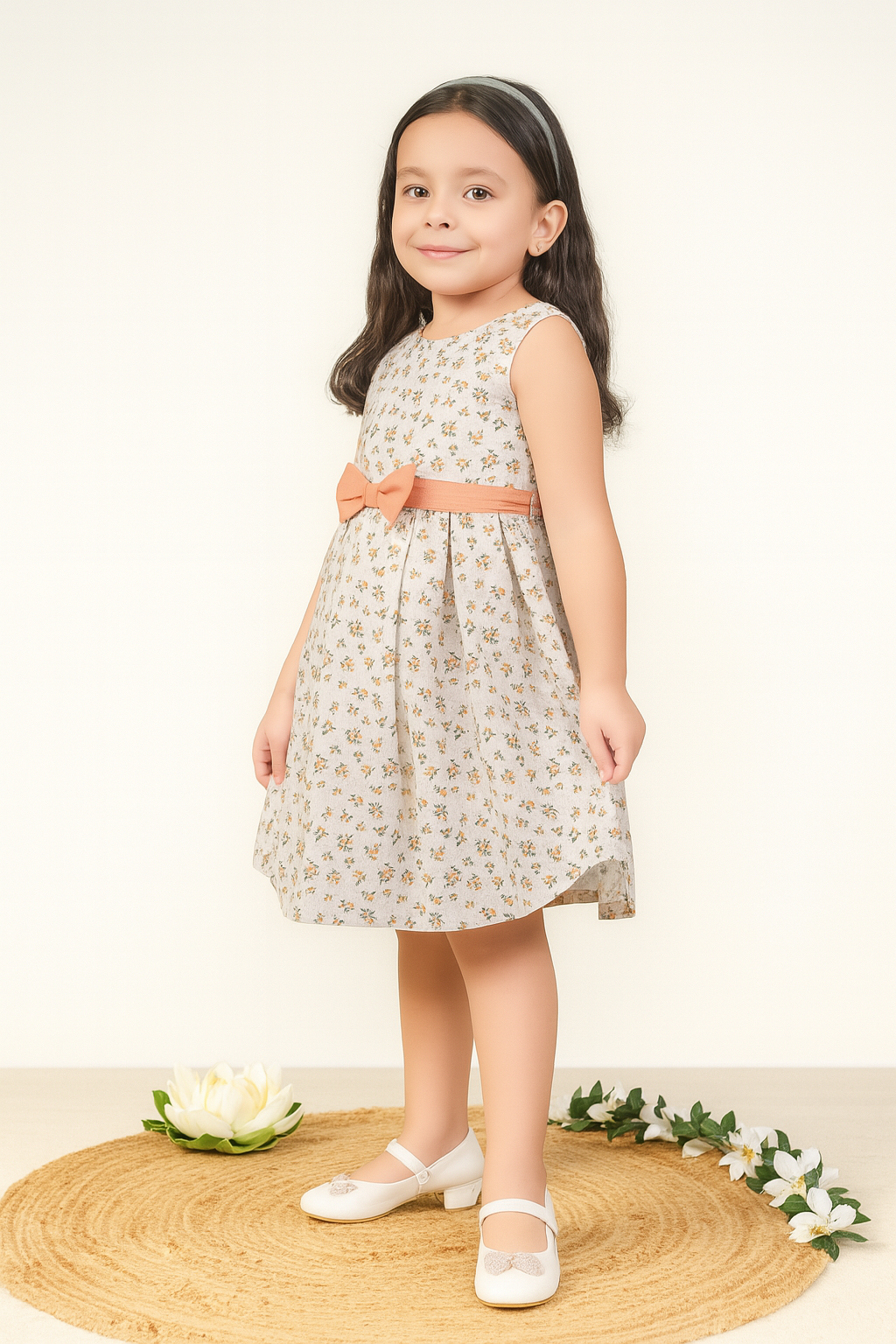 TINY TWILLS Girls Floral Cotton Frock – Sleeveless White Dress with Yellow Bow Belt | Elegant Summer Party Wear