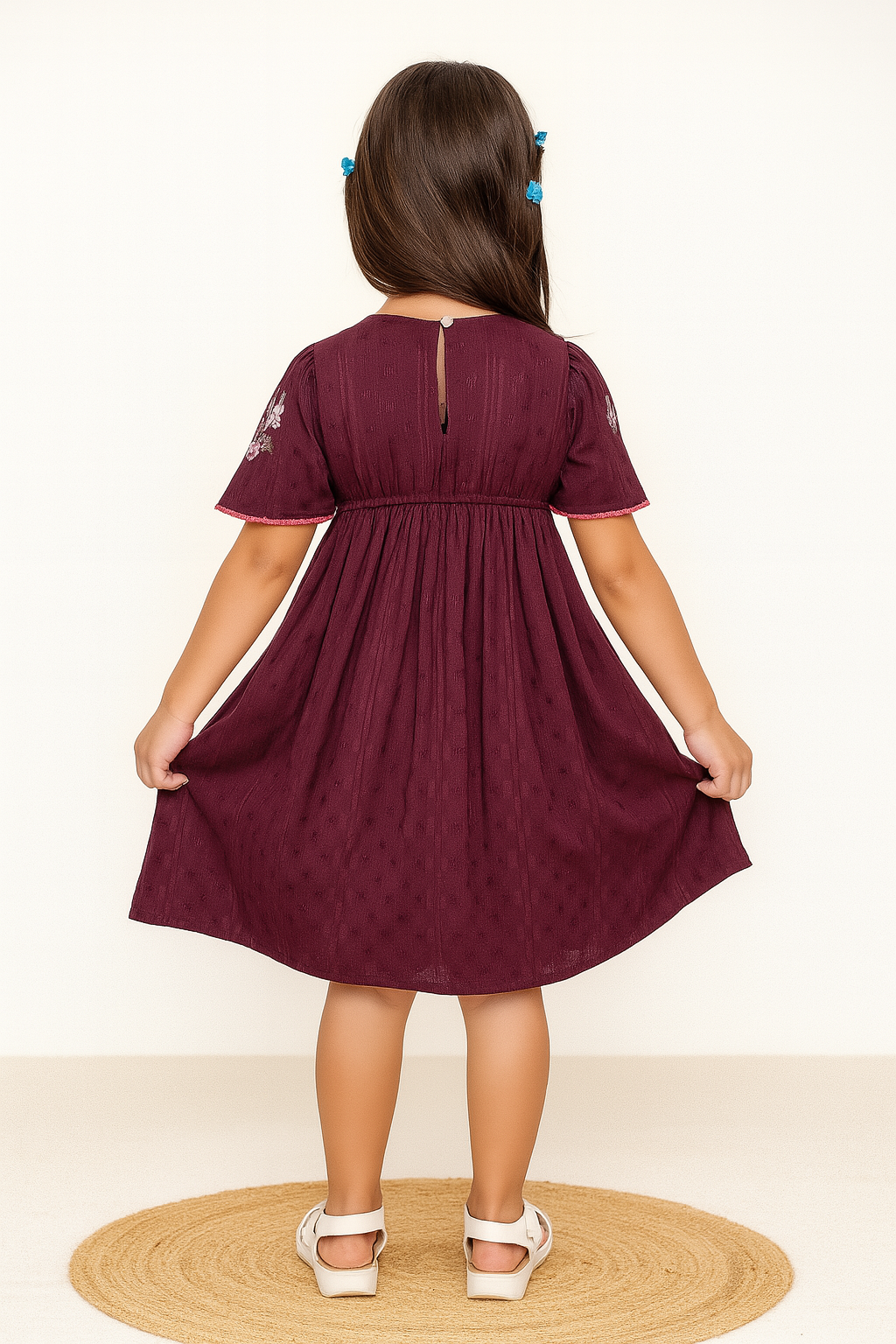 TINY TWILLS Girls Cotton Frock – Embroidered Ethnic Dress with Short Sleeves & Decorative Border | Festive & Party Wear