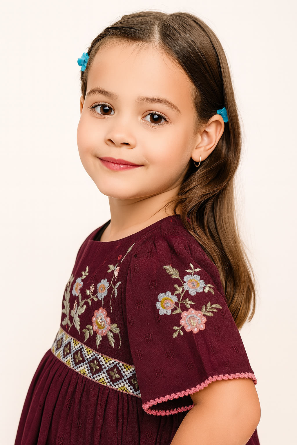 TINY TWILLS Girls Cotton Frock – Embroidered Ethnic Dress with Short Sleeves & Decorative Border | Festive & Party Wear
