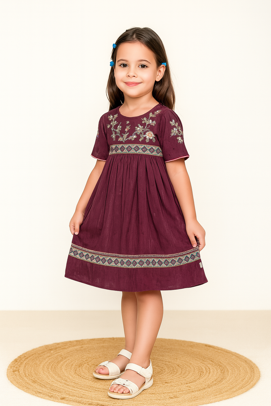 TINY TWILLS Girls Cotton Frock – Embroidered Ethnic Dress with Short Sleeves & Decorative Border | Festive & Party Wear