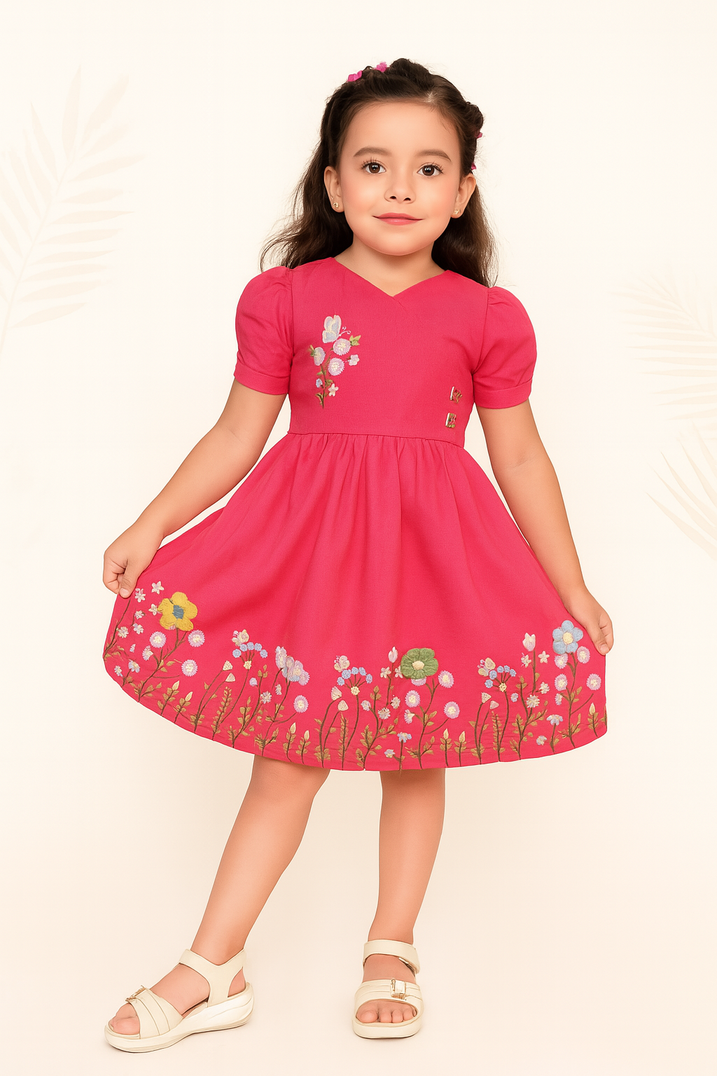 TINY TWILLS Girls Embroidered Dress – Puff Sleeve Frock with Floral Hem Design | Elegant Festive & Party Wear
