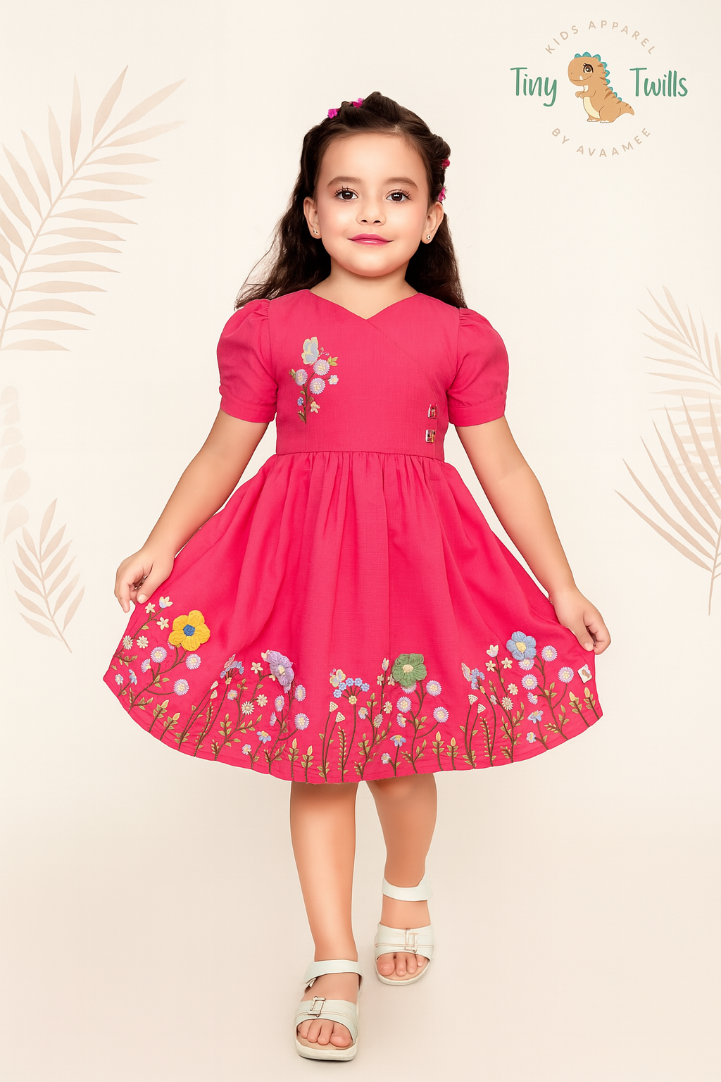 TINY TWILLS Girls Embroidered Dress – Puff Sleeve Frock with Floral Hem Design | Elegant Festive & Party Wear